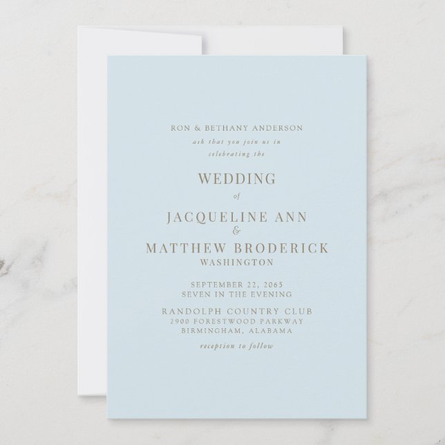 Sky Blue Gold Text Wedding Invitation (Front)