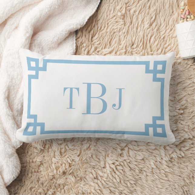 Sky Blue Greek Key Monogram Lumbar Pillow (Blanket)