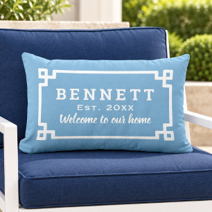 Sky Blue Greek Key Monogram Welcome Lumbar Pillow