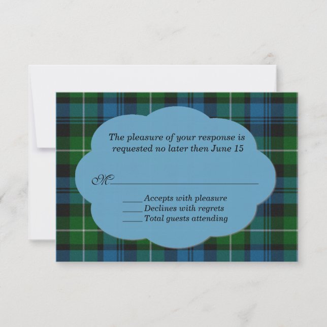 Sky Blue & Green Lamont Tartan Plaid RSVP Card (Front)