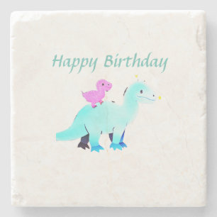 Sky blue green red watercolor dinosaur birthday ad stone coaster