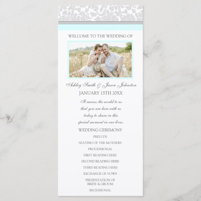 Sky Blue Grey Damask Photo Wedding Program (Front)