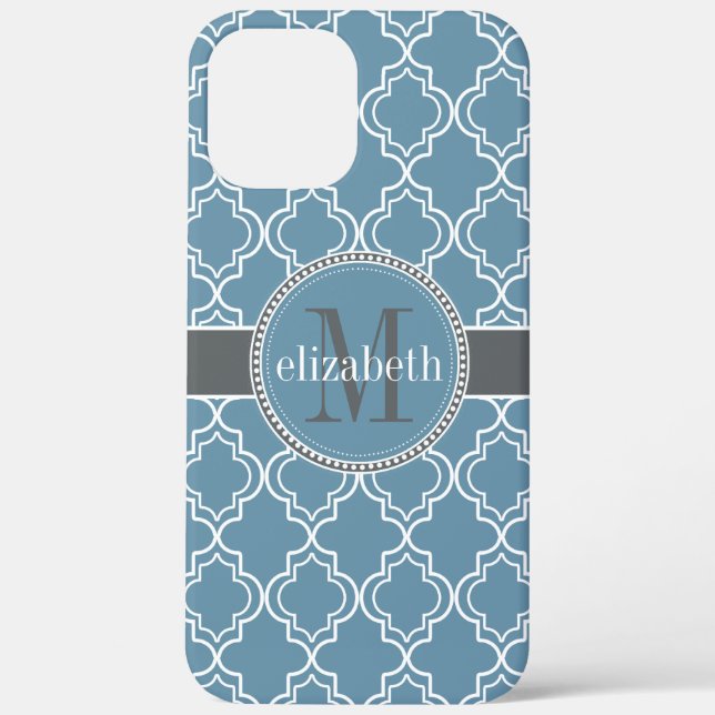 Sky Blue Grey White Moroccan Quatrefoil Monogram Case-Mate iPhone Case (Back)