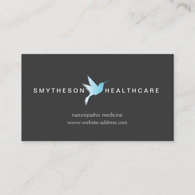 Sky Blue Hummingbird Logo Health & Wellness Grey Business Card (Front)