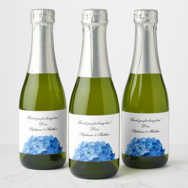 Sky Blue Hydrangea Personal Thank You Wedding Sparkling Wine Label (Bottles)