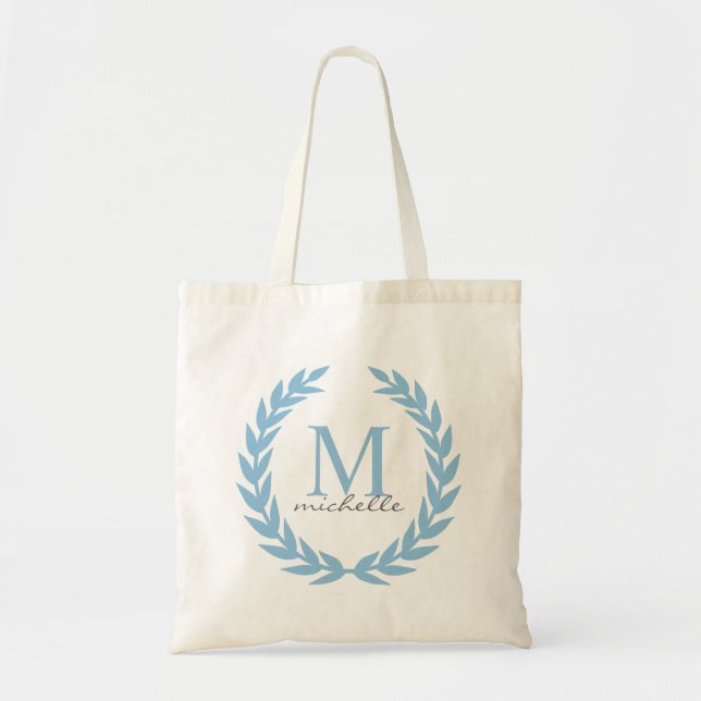 Sky Blue Laurel Frame Monogram Tote Bag (Front)