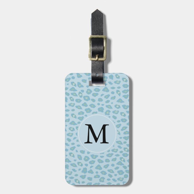 Sky Blue Leopard Print Monogram Luggage Tag (Front Vertical)