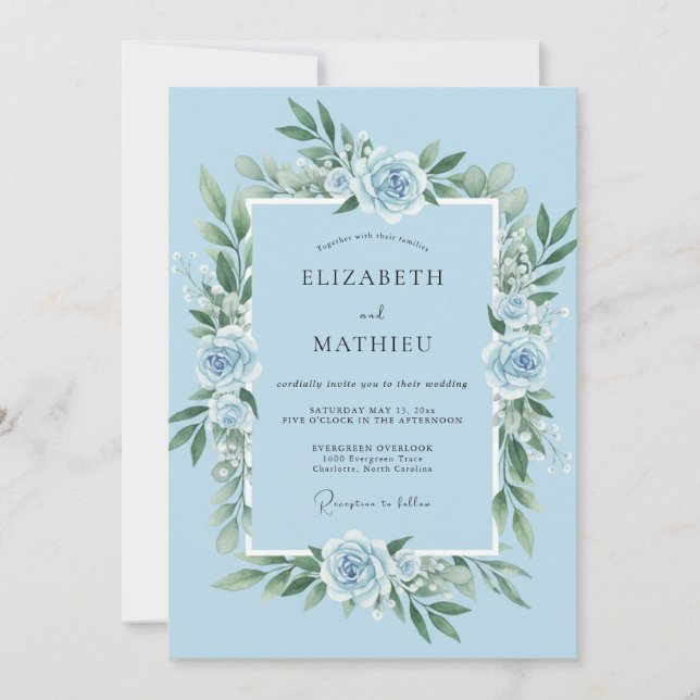Sky Blue Lyrical Botanical Wedding Invitation (Front)