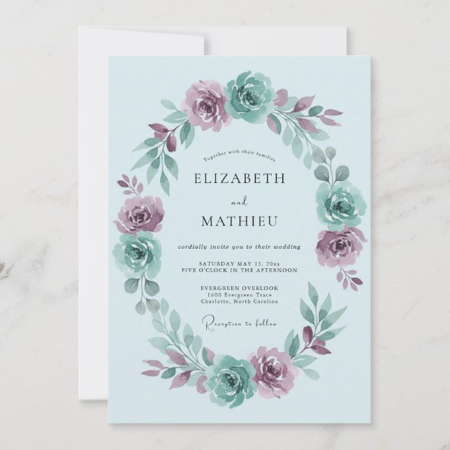 Sky Blue Mauve Rose Wedding Invitation (Front)