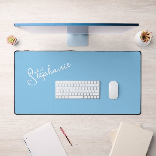 Sky Blue Minimalist Personalized Script Name  Desk Mat (Office 1)