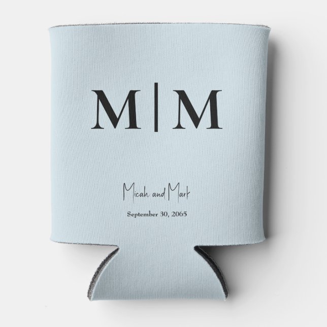 Sky Blue Monogram and Names Wedding Can Cooler (Front)