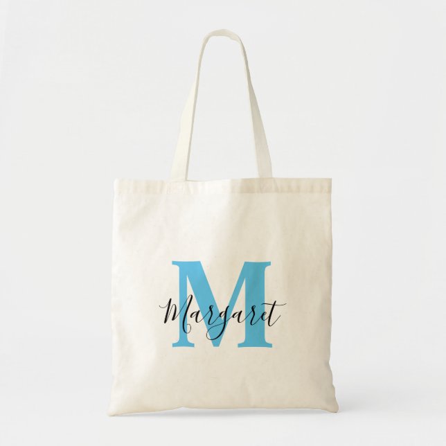 Sky Blue Monogram Black Script Name Sac fourre-tou (Devant)