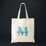 Sky Blue Monogram Black Script Name Tote Bag<br><div class="desc">Sky Blue Monogram Black Script Name Tote Bag. Can be given as gift to family and friends on their Birthday and Christmas.</div>