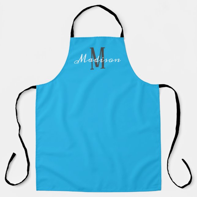 Sky Blue Monogram Script Personalized Kitchen Apron (Front)