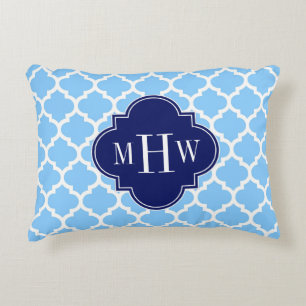 Sky Blue Moroccan #5 Navy Blue 3 Initial Monogram Accent Pillow
