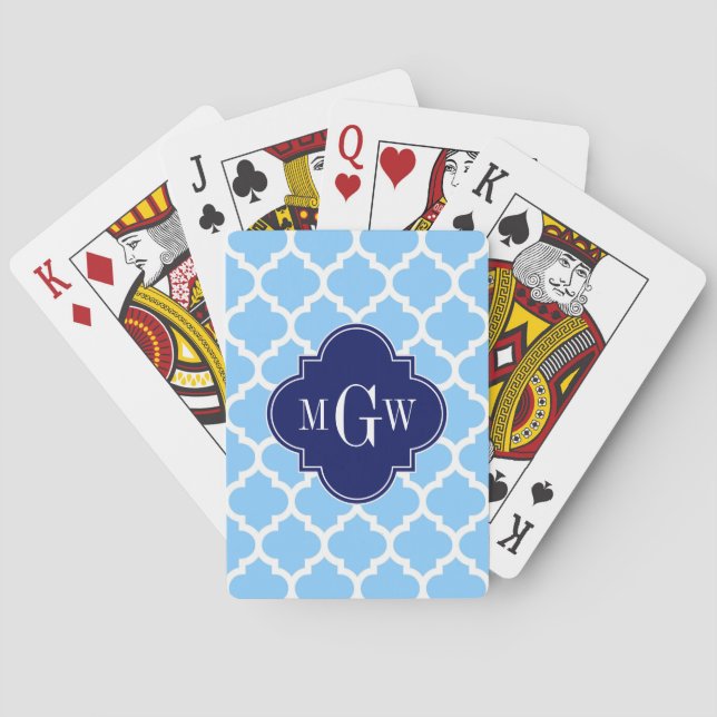 Sky Blue Moroccan #5 Navy Blue 3 Initial Monogram Playing Cards (Back)