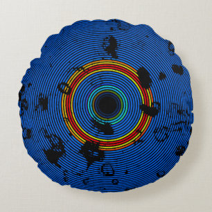 Sky Blue Multicolor Vinyl Disc Texture Pattern Round Pillow