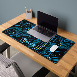Sky Blue Name, Black & Blue Circuit Board Desk Mat