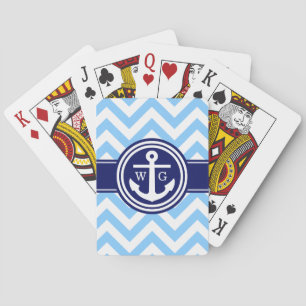 Sky Blue Navy Blue Wht LG Chevron Anchor Monogram Playing Cards