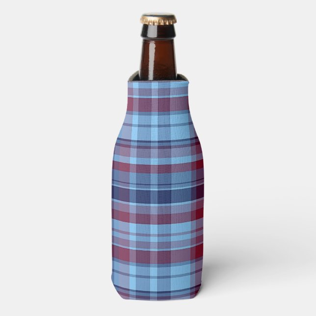 Sky Blue Navy Burgundy Preppy Madras Bottle Cooler (Bottle Front)