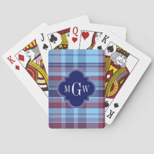 Sky Blue Navy Burgundy Preppy Madras Monogram Playing Cards