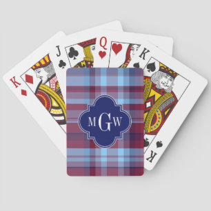 Sky Blue Navy Burgundy Preppy Madras Monogram Playing Cards