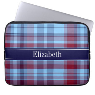 Sky Blue Navy Burgundy Preppy Madras N Monogram Laptop Sleeve