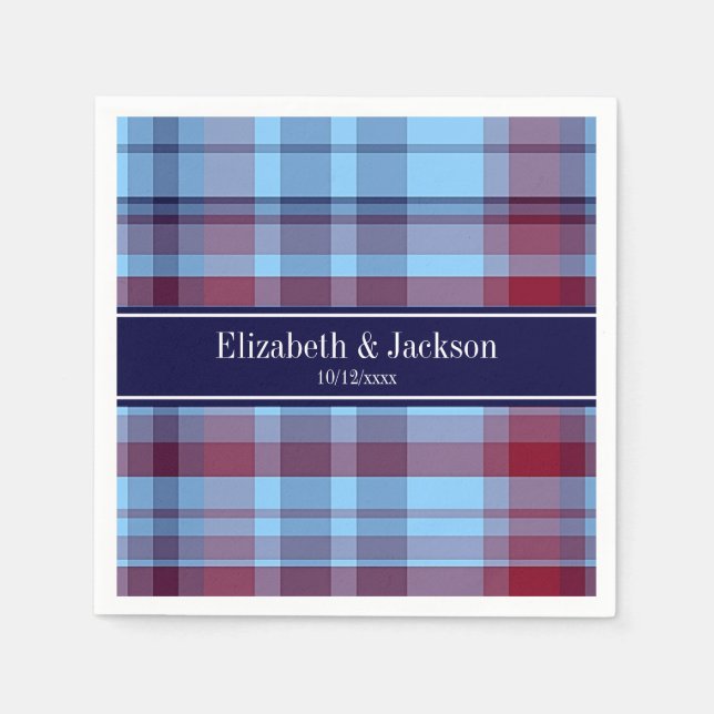 Sky Blue Navy Burgundy Preppy Madras N Monogram Napkin (Front)