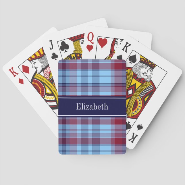 Sky Blue Navy Burgundy Preppy Madras N Monogram Playing Cards (Back)