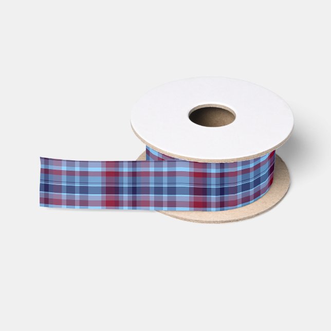 Sky Blue Navy Burgundy Preppy Madras Satin Ribbon (Spool)