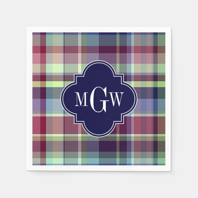Sky Blue Navy Burgundy Wht Preppy Madras Monogram Napkin (Front)