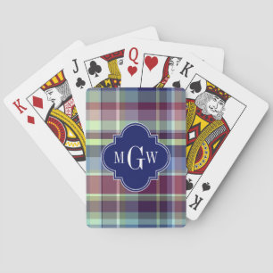 Sky Blue Navy Burgundy Wht Preppy Madras Monogram Playing Cards