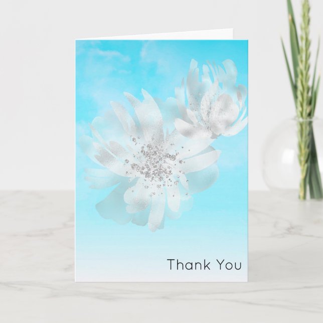 *~* Sky Blue Ombre Clouds Flowers Glitter Thank You Card (Front)