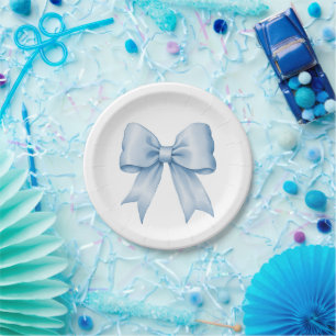 Sky Blue on White Vintage Satin Bow Paper Plate