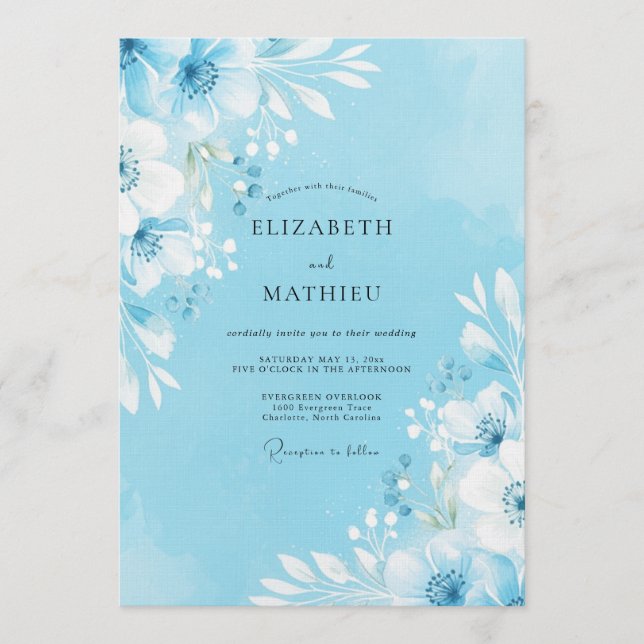 Sky Blue Painterly Blossom Wedding Invitation (Front)