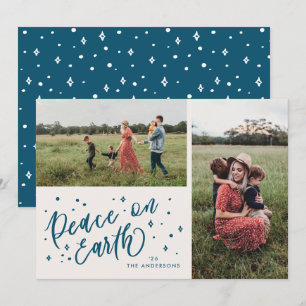 Sky Blue Peace Earth Lettering Christmas 2 Photo Holiday Card