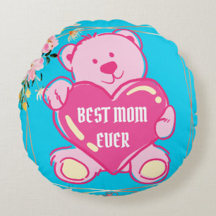Sky Blue Pink Cute Teddy Bear Heart Floral Design Round Pillow