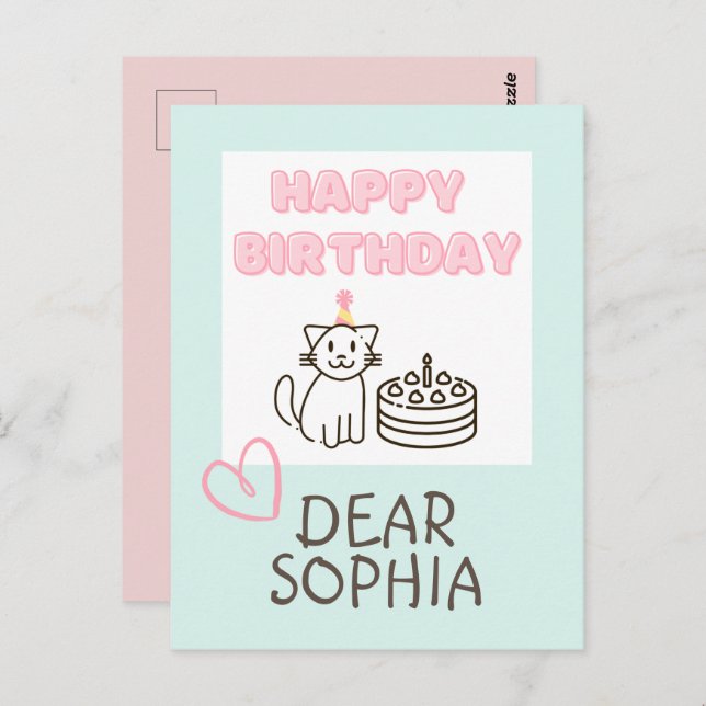 Sky blue&Pink Happy Birthday Cat Postcard (Front/Back)