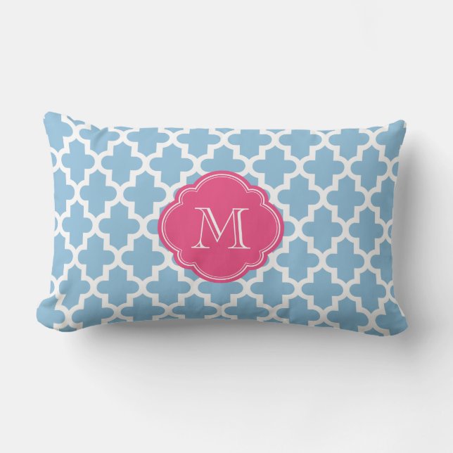 Sky Blue & Pink Modern Moroccan Pattern Monogram Lumbar Pillow (Front)