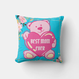 Sky Blue Pink Teddy Bear Heart Floral Design Throw Pillow