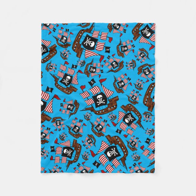 Sky blue pirate ship pattern fleece blanket (Front)