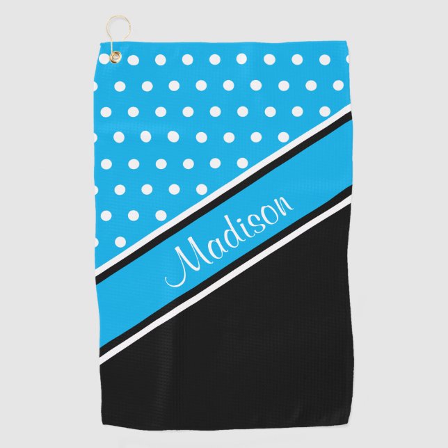 Sky Blue Polka Dot Black Diagonal Script Name Golf Towel (Front)