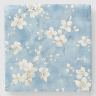 Sky Blue Pretty White Flowers Stone Coaster