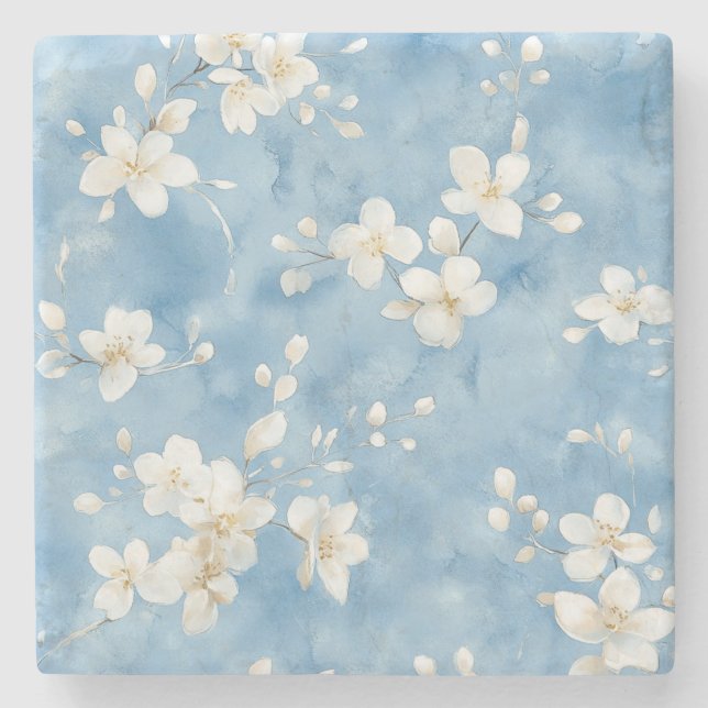 Sky Blue Pretty White Flowers Stone Coaster (Front)