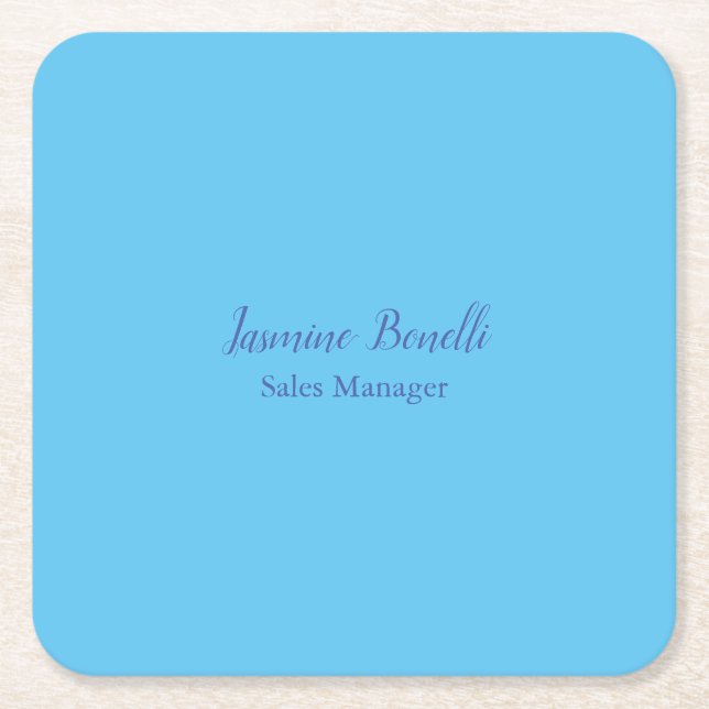 Sky Blue Professional Modern Minimalist Add Name Square Paper Coaster (Front)
