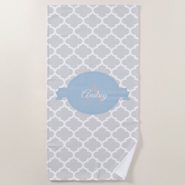 Sky Blue Quatrefoil Personalized Beach Towel (Front)