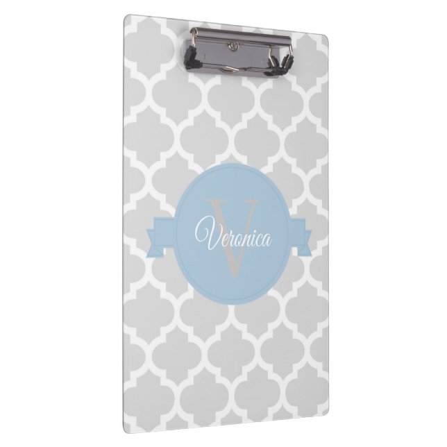 Sky Blue Quatrefoil Personalized Clipboard (Right)