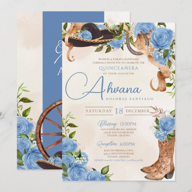 Sky Blue Quinceanera Mariachi Charro Western Rose Invitation (Front/Back)