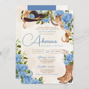 Sky Blue Quinceanera Mariachi Charro Western Rose Invitation