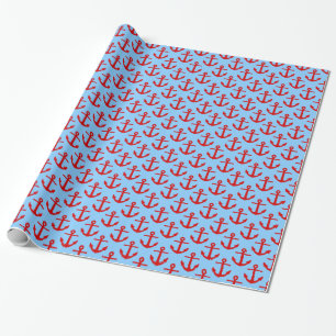 Sky Blue, Red Anchors Pattern Wrapping Paper